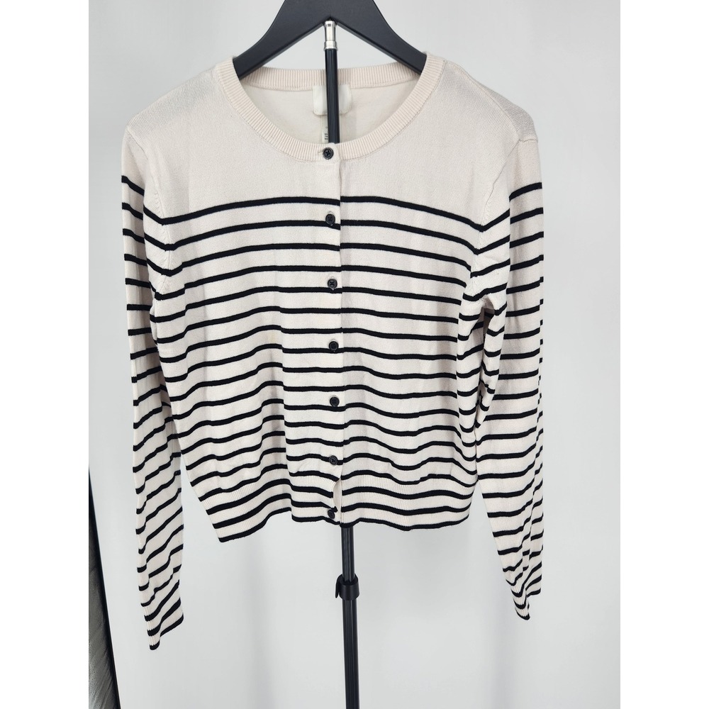 H&M Striped Cardigan Sweater Womens XL Cream Black Button Front Crew Neck Knit